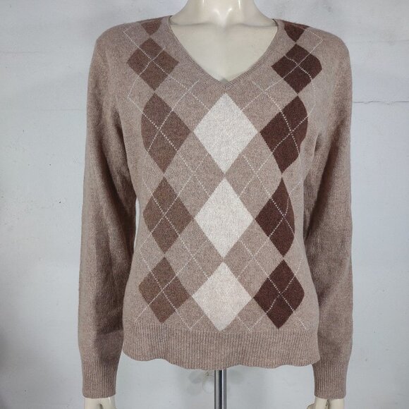 Apt. 9. beige tan brown argyle 100% Cashmere V-neck sweater ladies Large - Picture 1 of 6